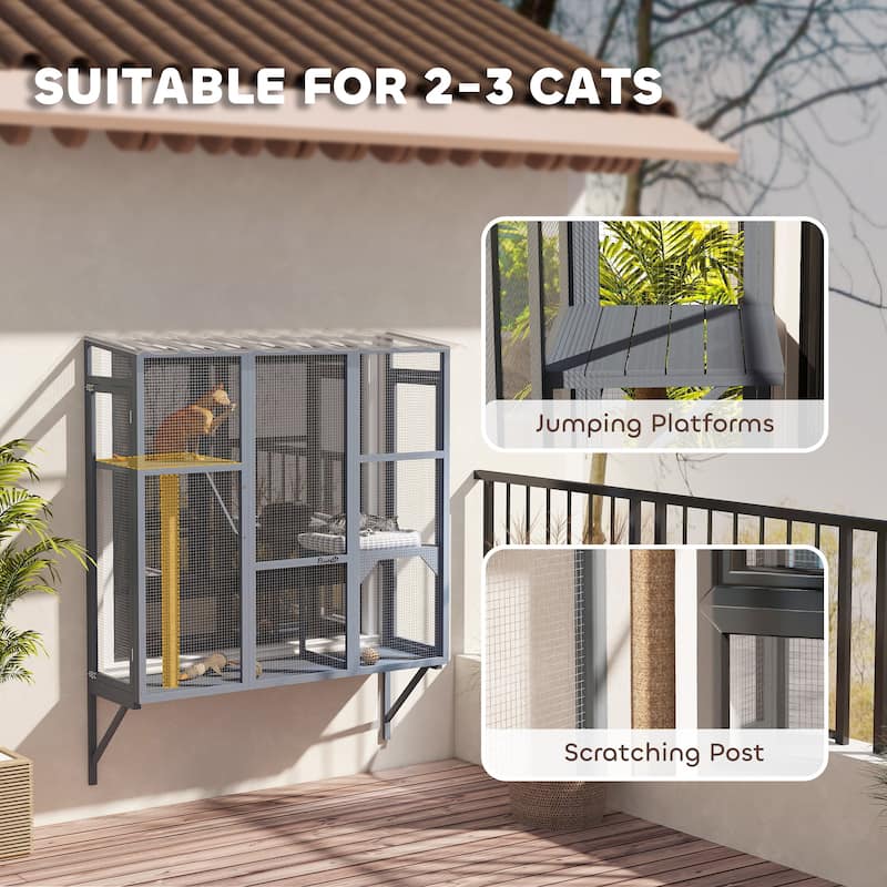 PawHut Outdoor Catio, Cat Window Catio Box Enclosure for 2-3 Large Indoor Cats with 2 Jumping Platforms, Scratching Post