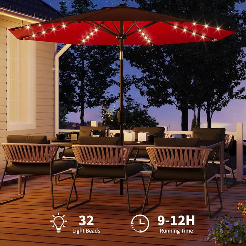 9 Ft Patio Umbrella with Solar Lights for Pool, Deck, Backyard