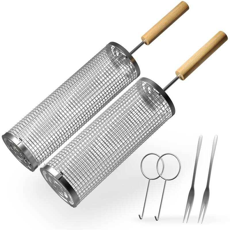 Sorbus Stainless Steel Rolling Barbecue Grilling Basket with Removable Handles - 2 Piece - 12" L x 3.75" W