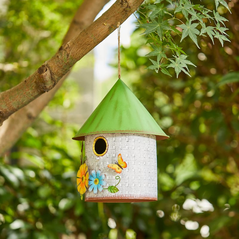 Glitzhome 11"H Spring Distressed Metal Cottage Birdhouse with 3D Flowers