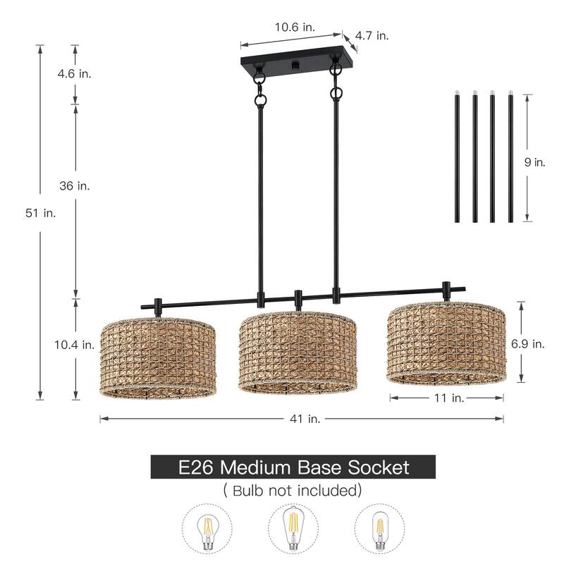 3-Light Coastal Kitchen Island Chandelier Light - 41'' W