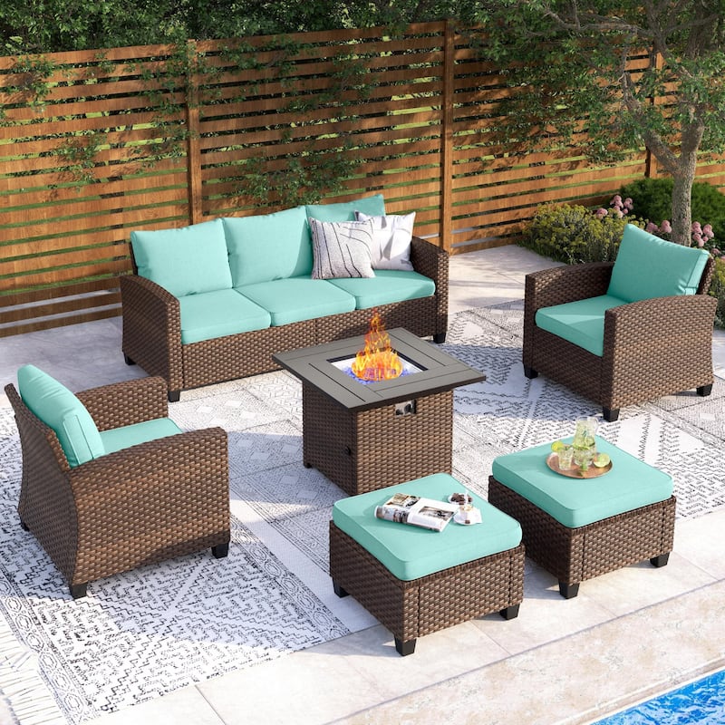 7/9-Seat Patio Furniture Wicker Rattan Outdoor High-back Sectional Sofa Conversation Set with Firepit Table - 7 Seats + 32" Fire Pit - Lake Blue