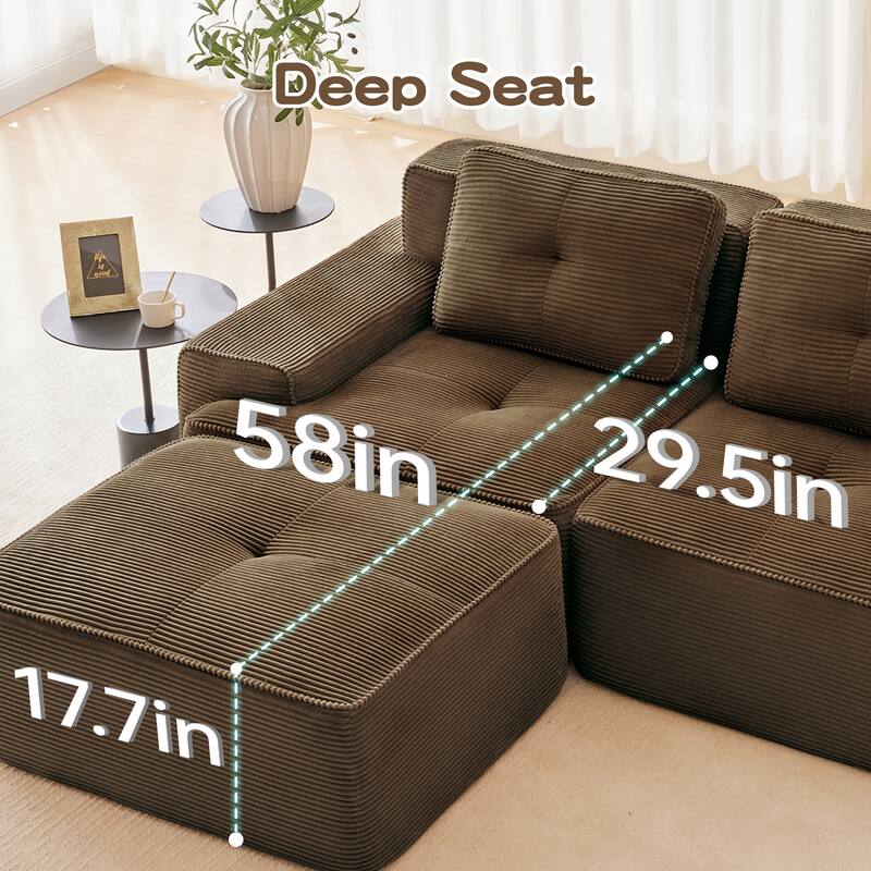 L-Shaped Modular Sectional Sofa with Movable Ottoman, Corduroy Boneless Cloud Couch, Tufted Deep Seat Sofa with 3 Pillow