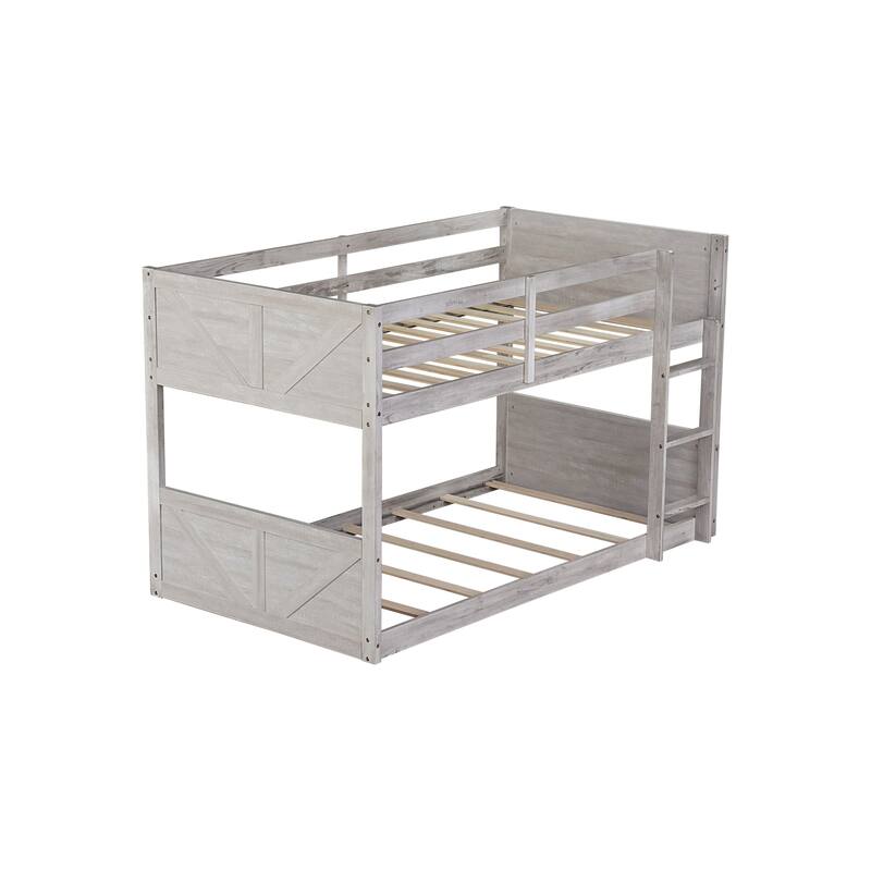 Twin Over Twin Floor Bunk Bed with Vintage Panel Headboard Built-in Ladder & Guardrails (250lb Capacity)