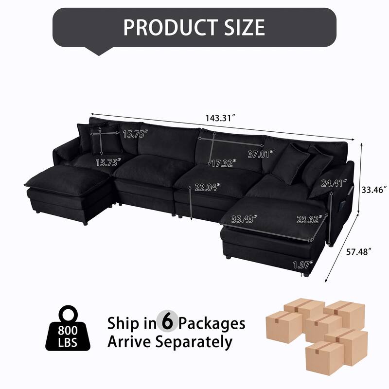 GDFStudio - 6-Piece Modular U-Shaped 143.31" Sectional Sofa with 2 Movable Ottomans