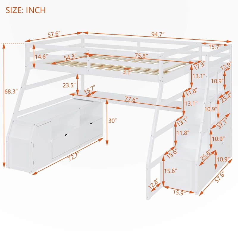 Full Size Loft Bed with Drawers and Desk