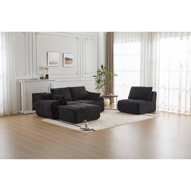 L Shaped Modular Sectional Sofa with Ottoman, Corduroy Upholstered Cloud Sofa, Compressed Sofa with Cushions & Throw Pillows