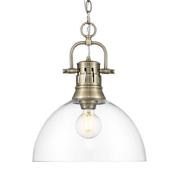 slide 2 of 2, Yep by Golden Lighting Duncan 1-light 14in chain hung Pendant in Aged Brass and Clear Glass
