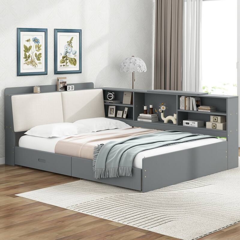 Wood Platform Bed with Storage Headboard, Shelves and 2 Drawers