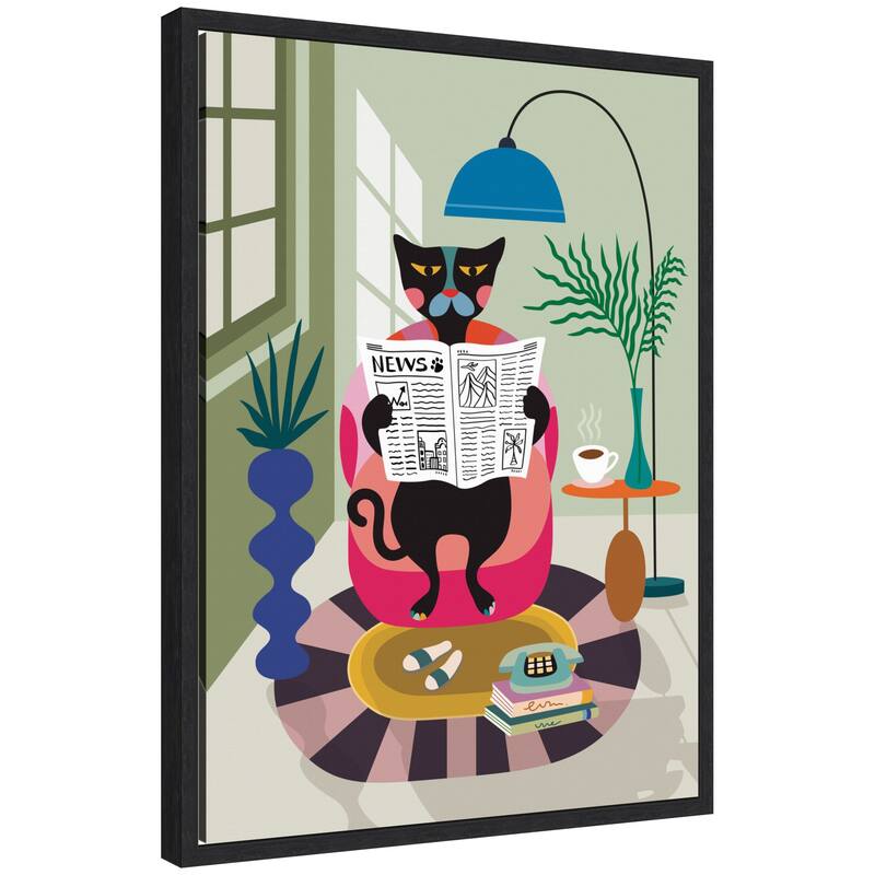 Kate and Laurel Sylvie Black Cat Reading Newspaper Framed Canvas by Rachel Lee - 18x24