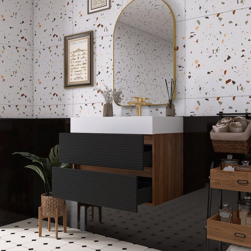 Wall Mounted Bathroom Vanity with Solid Surface Sink and Soft Drawers