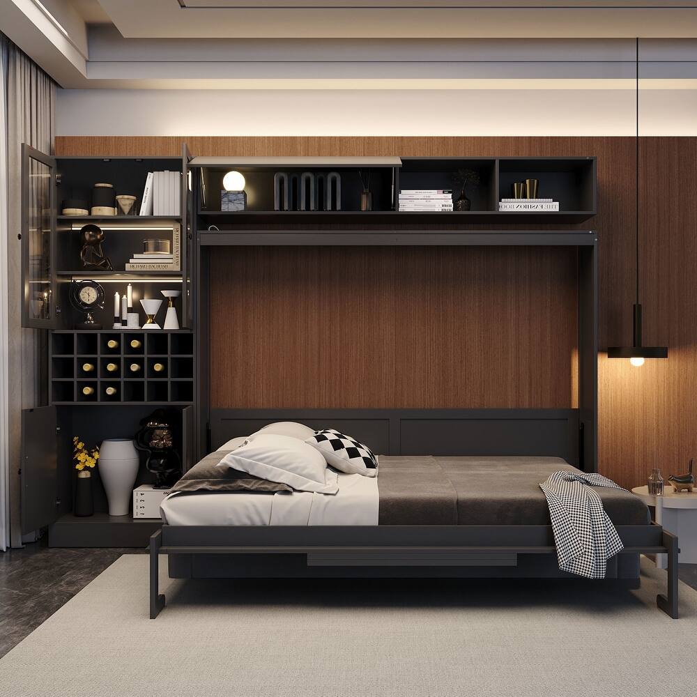 Wood Wall Murphy Bed Frame with Couch, USB and Light, Foldable Wall Platform Bed with All-in-One Storage Cabinet