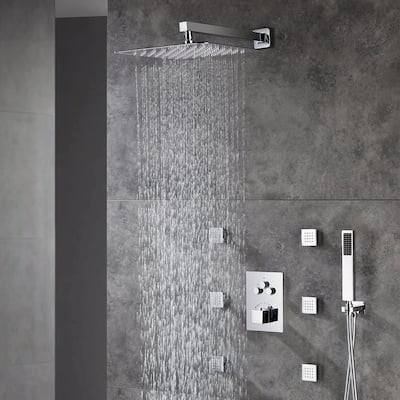 12" In Wall Rainfall 3 Way Thermostatic Faucet Shower System w/ 6 Body Jets
