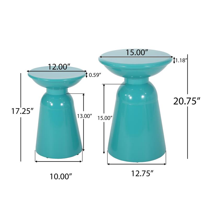 Mio Patio Side End Table Set of 2, Teal Blue Iron Flared Pedestal Base
