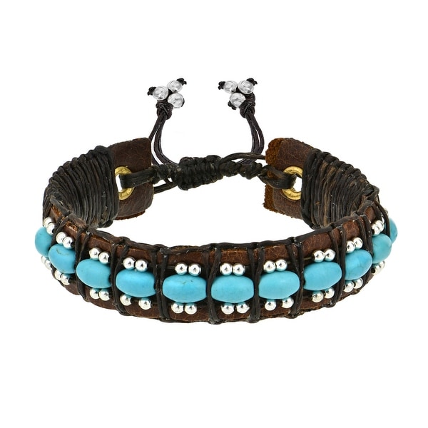 Handmade Vintage Turquoise Rolls Leather Pull Slide Bracelet Bohemian (Thailand). Opens flyout.