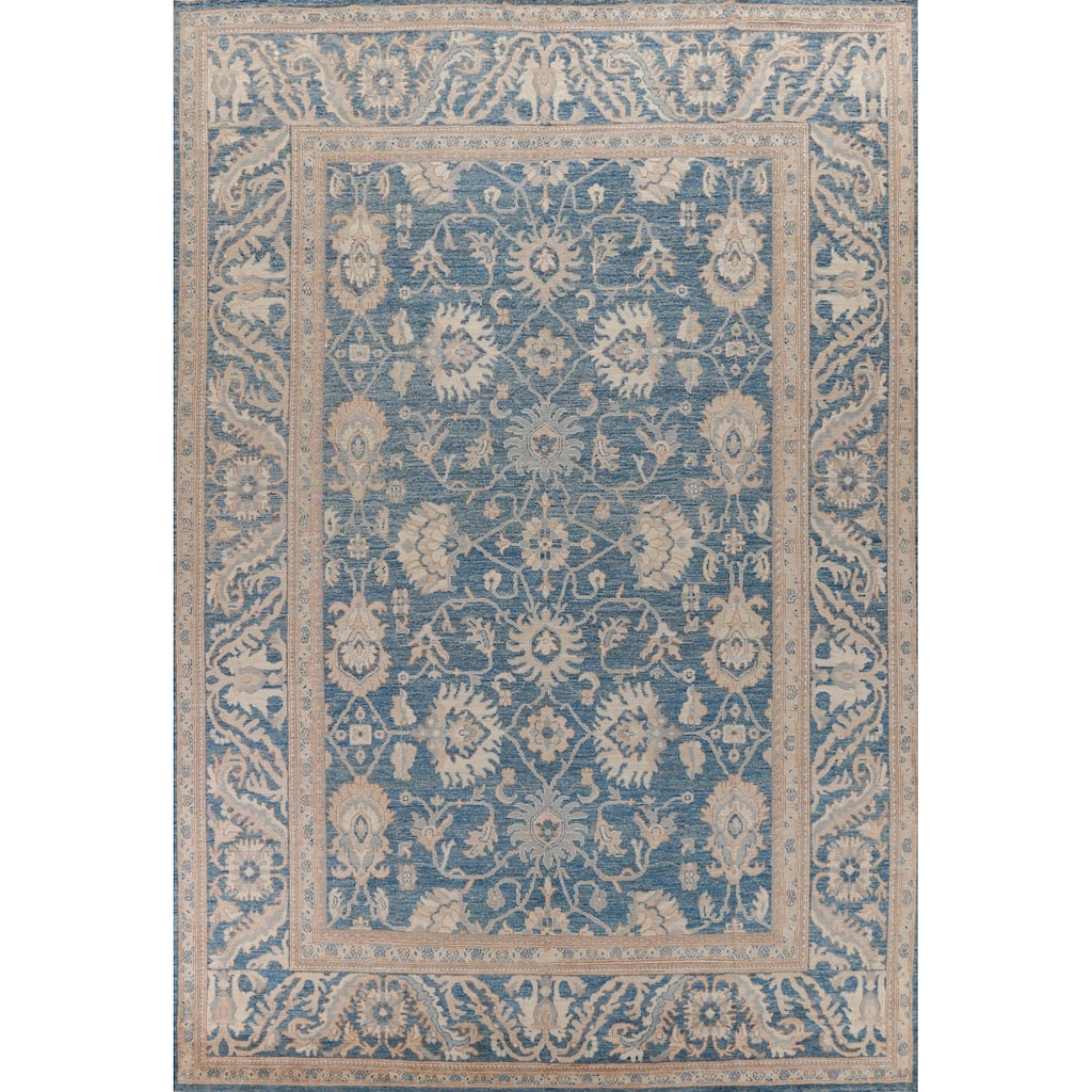 Hand Knotted Oriental 100% Wool Carpet Transitional All-Over Navy Blue & Blues Oushak Area Rug - 13' 11'' X 10' 1''