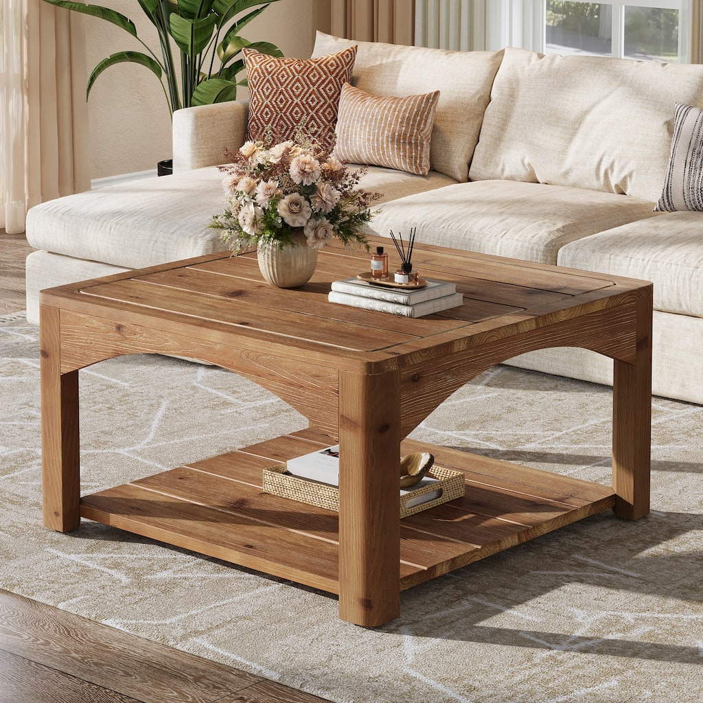 Solid Wood Coffee Table, 31.5-Inch Square Coffee Table for Living Room, 2-Tier Center Table