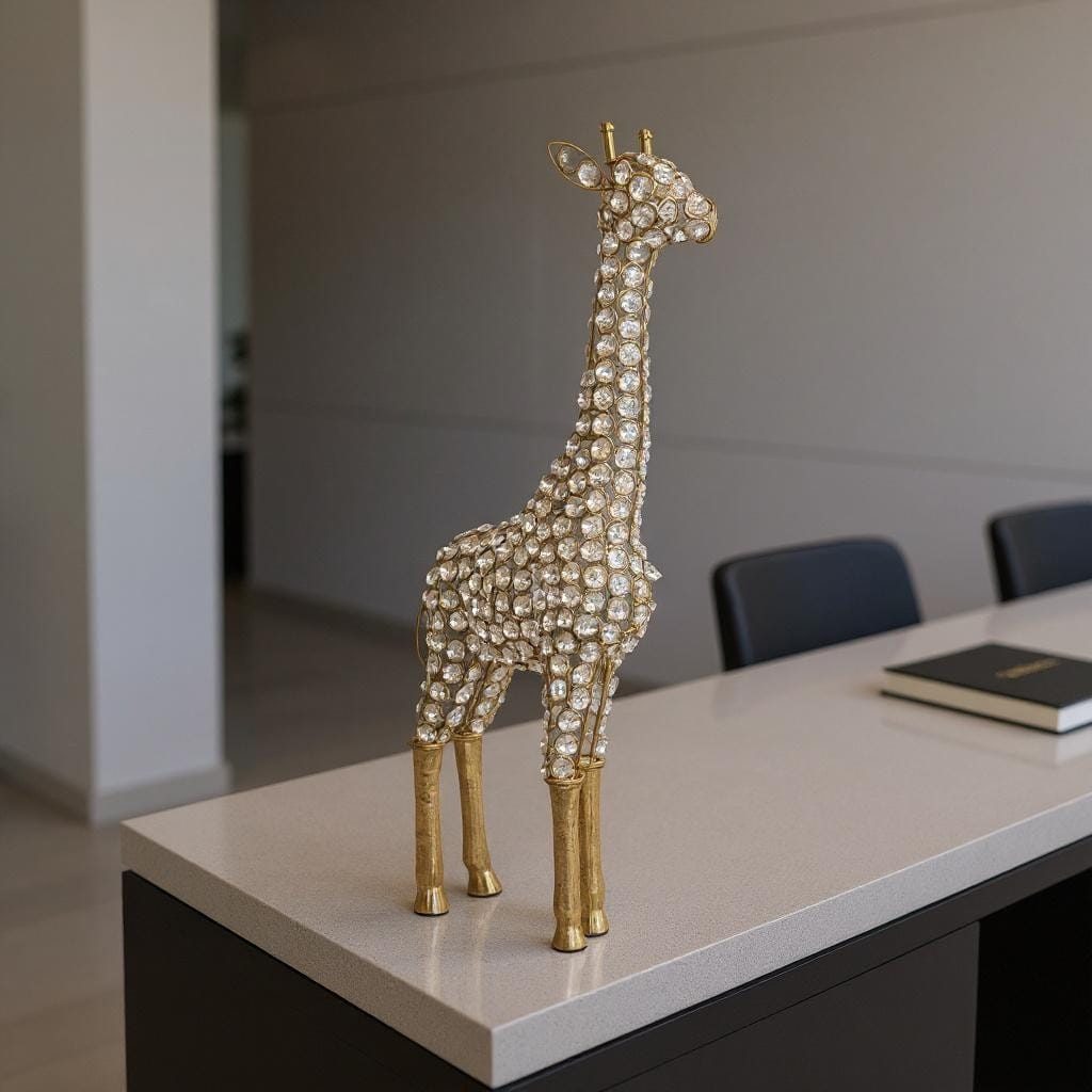 HomeRoots 23" Gold Aluminum And Faux Crystal Giraffe Tabletop Sculpture - 12.50 in. x 23.00 in. x 5.50 in.