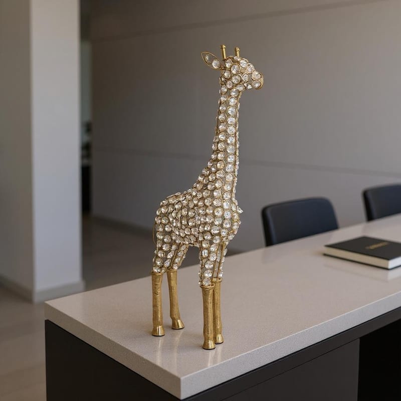 HomeRoots 23" Gold Aluminum And Faux Crystal Giraffe Tabletop Sculpture - 12.50 in. x 23.00 in. x 5.50 in. - 12.50 in. x 23.00 in. x 5.50 in.