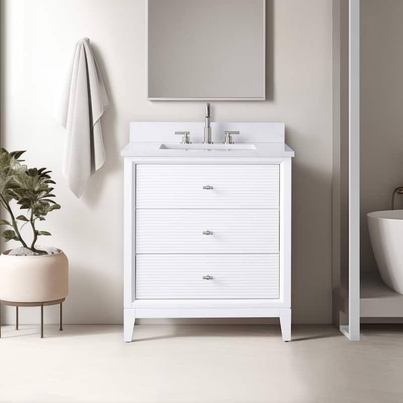 Vanity Art 30" Freestanding Bathroom Vanity with Engineered Marble Top and Sink - 30"/Brushed Nickel - White