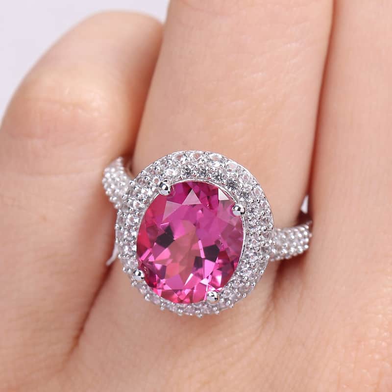 Miadora Oval-cut Pink Topaz and Created White Sapphire Double Halo Cocktail Ring in Sterling Silver