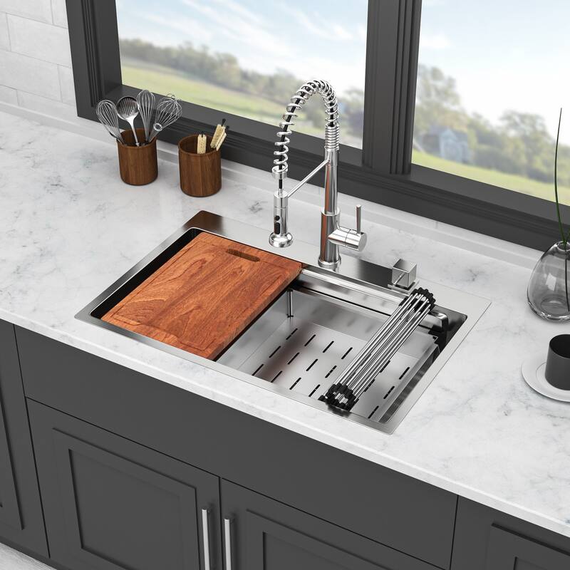 Drop-in Topmount Single Bowl 16 Gauge Stainless Steel Ledge Workstation Kitchen Sink