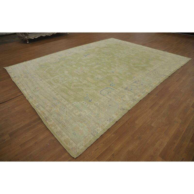 Vegetable Dye Green Oushak Turkish Area Rug, Floral Geometric Carpet - 11' 9'' X 9' 1''