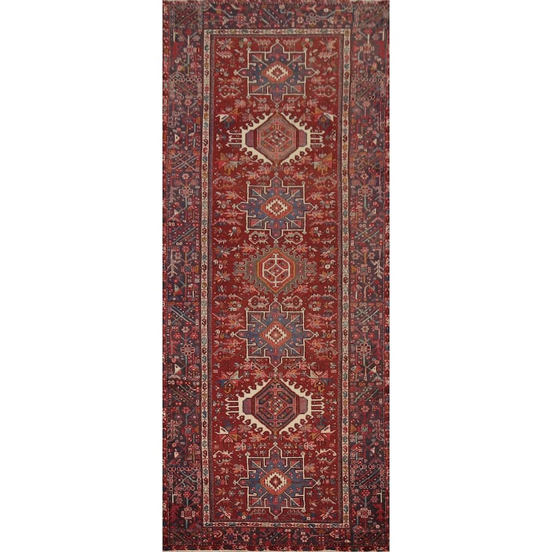 Hand Knotted Oriental 100% Wool Carpet Traditional Geometric Red Gharajeh Area Rug - 12' 11'' X 4' 9''
