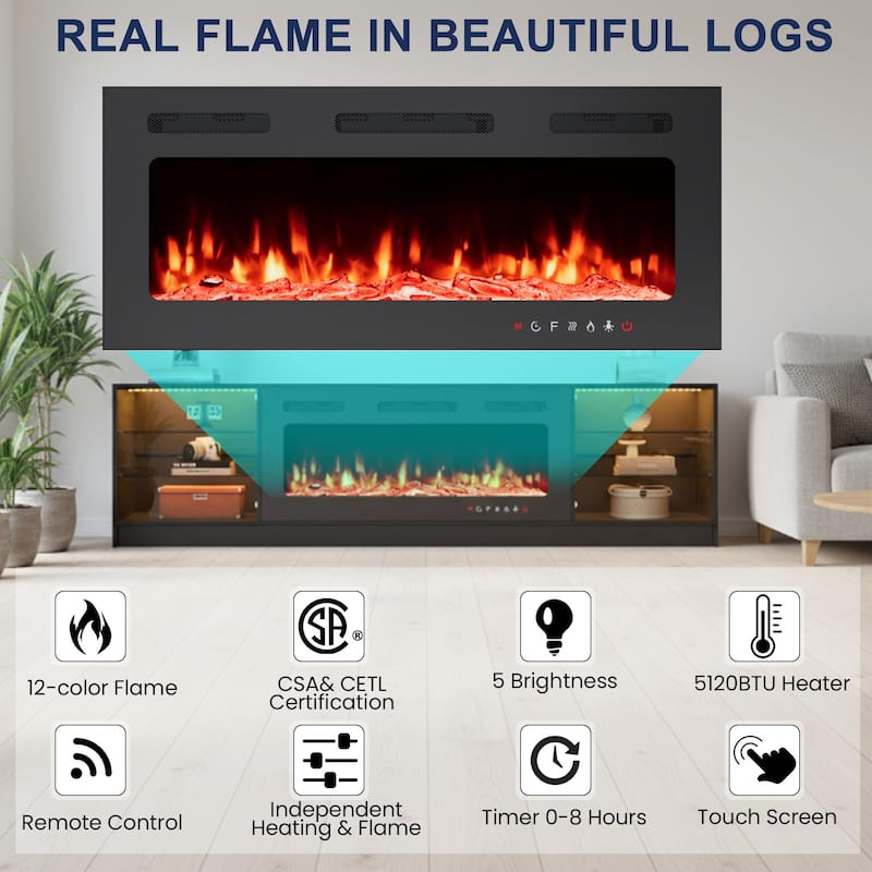 EROMMY 79" Fireplace TV Stand with 40" Electric Fireplace, Entertainment Center with Adjustable Glass Shelves