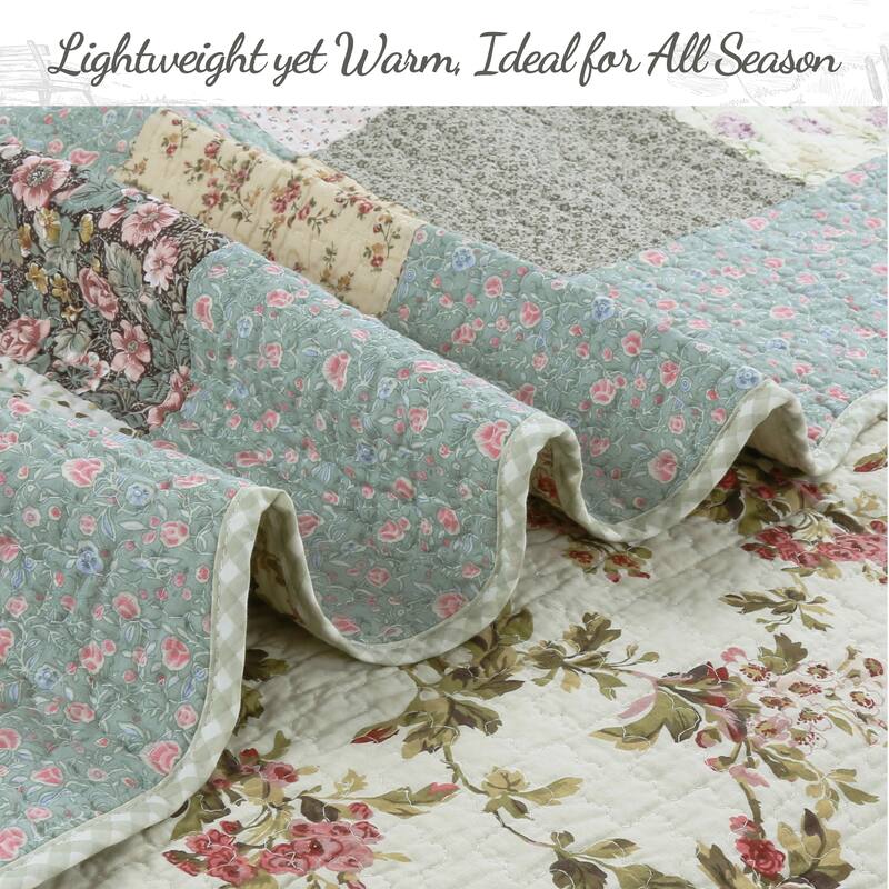 Country Cottage Floral Chic Scalloped Patchwork Cotton 3-Piece Quilt Bedding Set