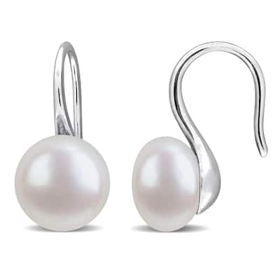 Miadora 8-9mm Cultured Freshwater Pearl Wave Shepherd Hook Earrings Sterling Silver