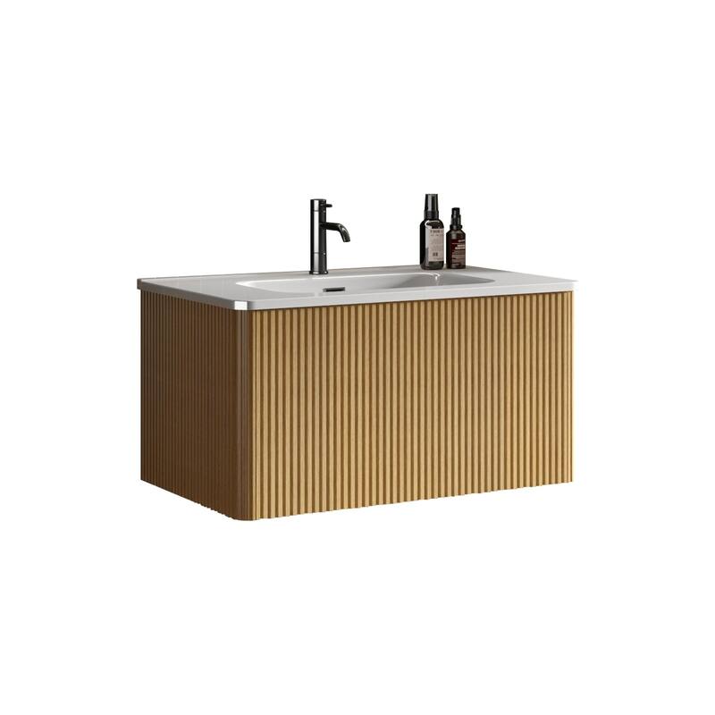 24 Inch Striped Walnut Bathroom Vanity with White Ceramic Sink,Wall Mounted Floating Bathroom Vanity for Modern Bathroom