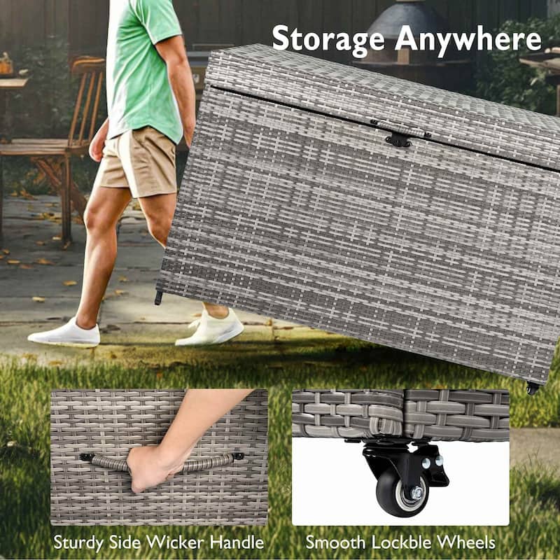 230 Gallon Wicker Deck Box Outdoor Storage with Wheels and Lockable Lid