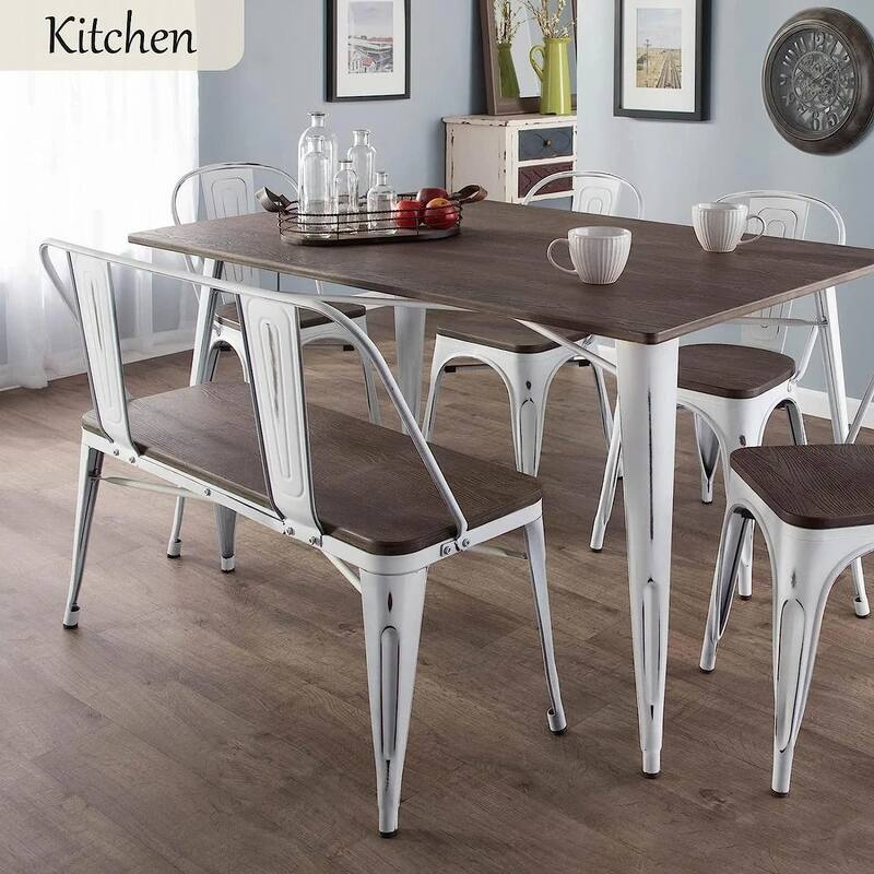 EROMMY Farmhouse-Inspired Dining Bench with Back, Industrial Metal Bench for Entryway, Wooden Seat, Accommodates 3 People,White