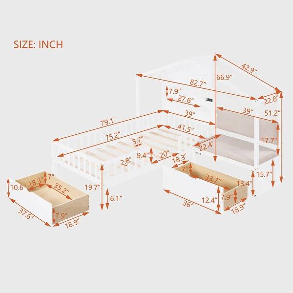 dimension image slide 0 of 2, Twin Size House Bed with Upholstered Sofa