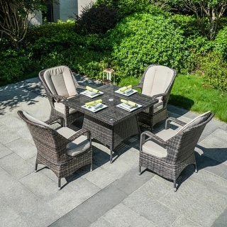 5-Piece Aluminum Woven Rattan Dining Set with Cushions and Tempered Glass