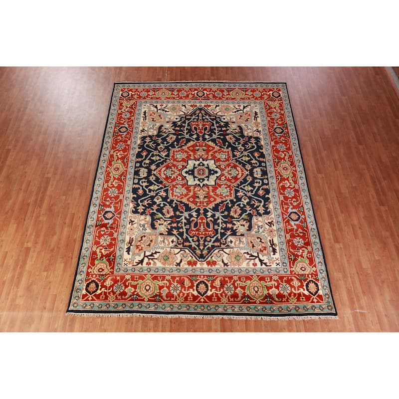 Hand Knotted Oriental 100% Wool Carpet Traditional All-Over Navy Blue & Blues Heriz (serapi) Area Rug - 12' 0'' X 9' 1''