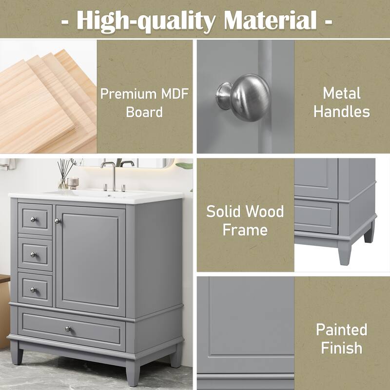 30" Bathroom Vanity with Sink - Soft Close Door, 3 Drawers & Storage Shelf, Modern Single Basin Cabinet