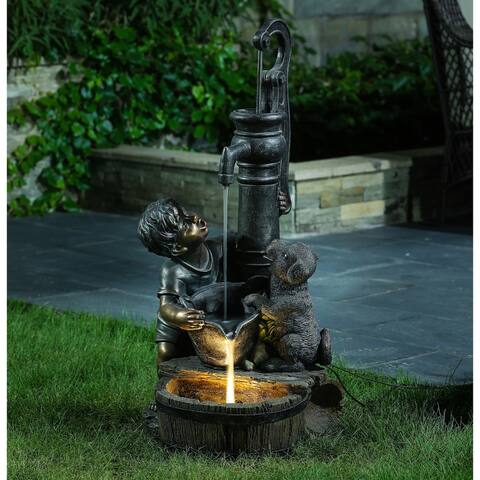 Bronze and Brown Resin Water Pump Boy and Dog Outdoor Fountain with LED Light