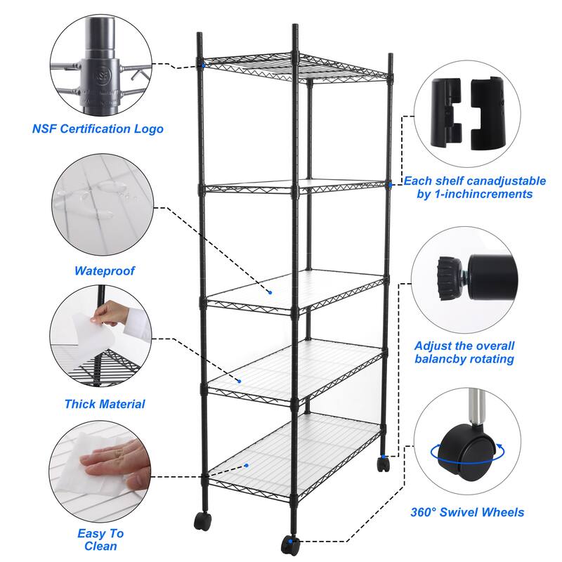 5 Tier Wire Shelving Unit, Heavy Duty Metal Large Storage Shelves Height Adjustable for Garage Kitchen Office