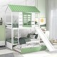 preview thumbnail 1 of 13, Luxuriant Twin over Twin Size Wooden House Bunk Kids Bed with Roof,Window,Convertible Slide and Trundle White+Green