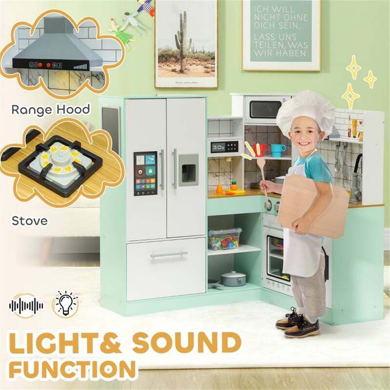 Kids Deluxe Wooden Kitchen Playset with Light Sound Range Hood Sink Chalkboard and Storage Green White