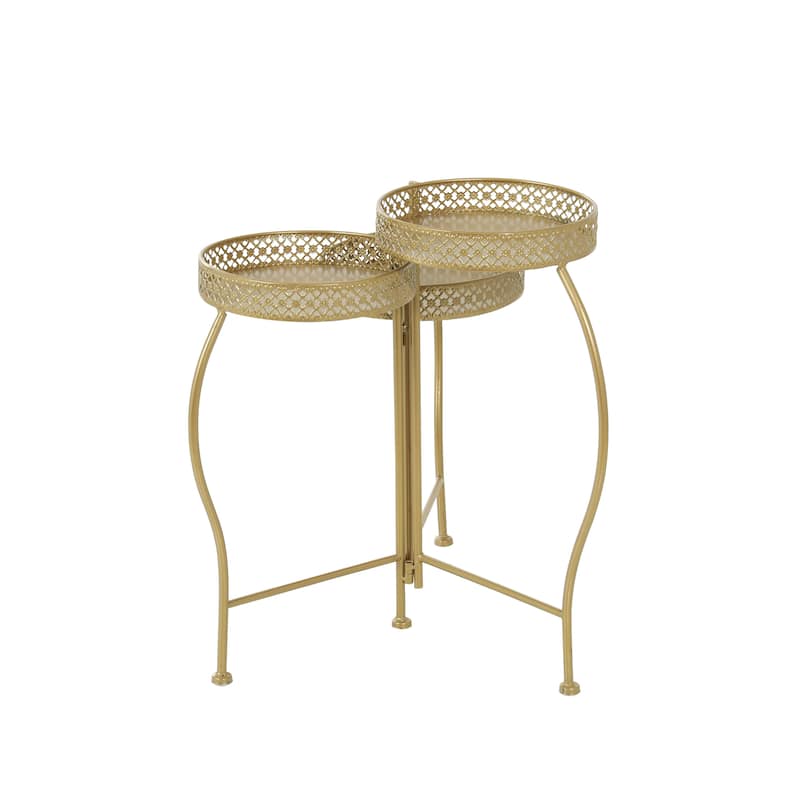 Metal Curved Folding 3 Tier Indoor Outdoor Plantstand with Floral and Scroll Patterns - Gold, Black, Silver - Roche River Decor