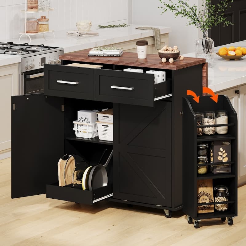 47.2" Farmhouse Kitchen Island with Drop Leaf,Removable Side Racks and Two Drawers