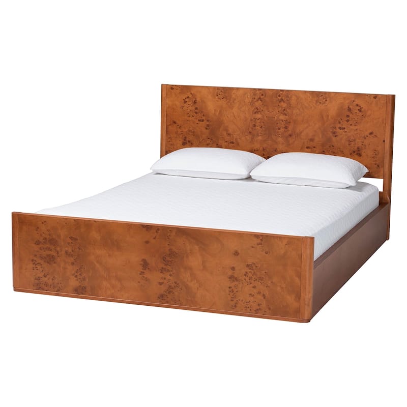 Fuentes Real Burl Wood Bed Frame - Modern Low-Profile Platform Bed with Accent Footboard, Mid-Century Inspired Furniture, Queen - Queen