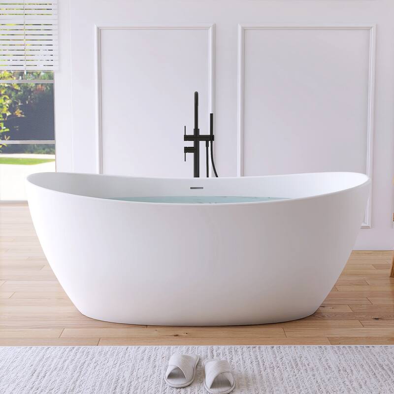 MEDUNJESS 65'' Freestanding Bathtub Solid Surface Soaking Tub - Silver
