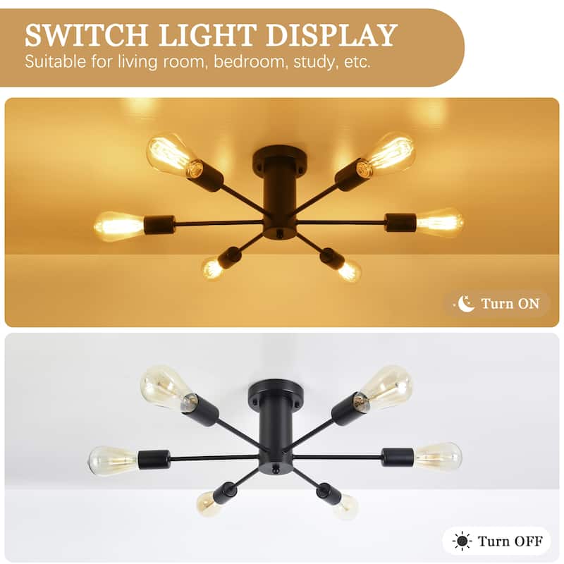 6-Light Modern Industrial Sputnik Semi-Flush Mount Ceiling Light - N/A