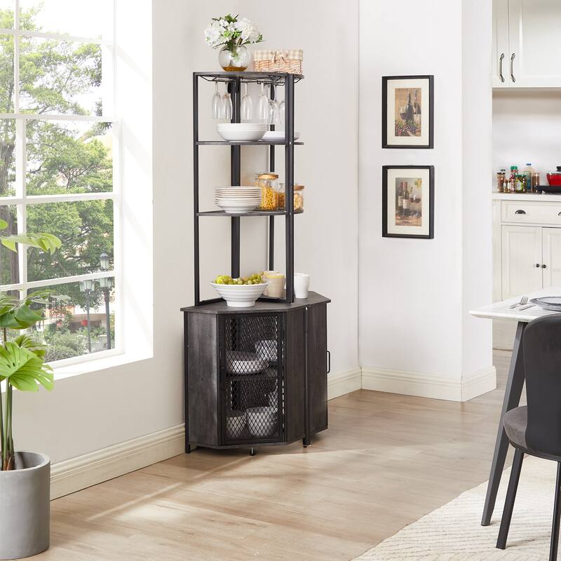 Javlergo 5-tier Wood Bookshelf Bookcase Display Corner Shelf with Storage and Glass Holder 63" Wine Bar