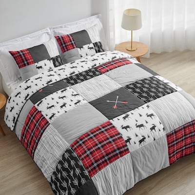 Sweet Jojo Designs Grey Black Red Woodland Plaid Arrow Rustic Patch Collection Boy 3pc Full / Queen-size Comforter Set