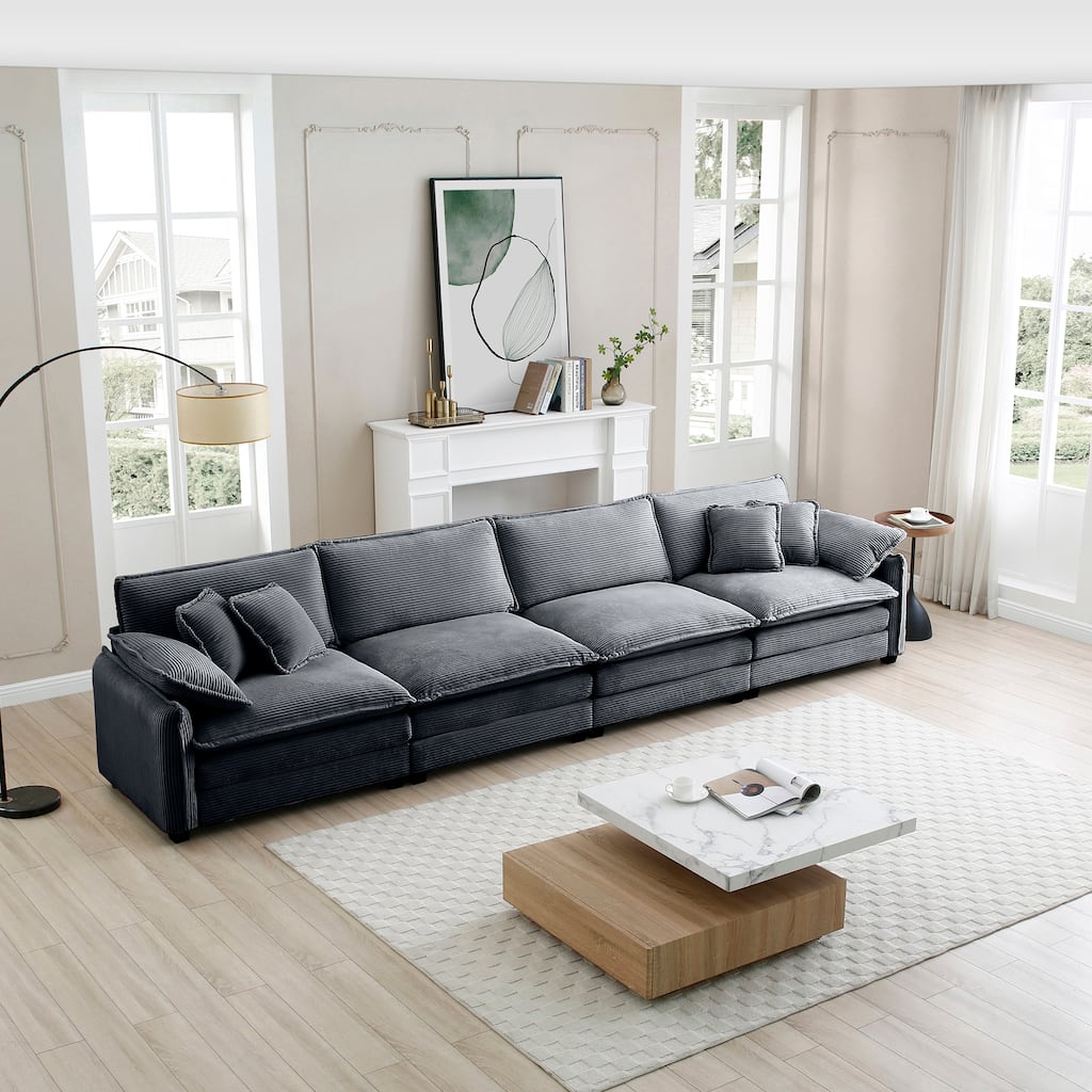 Grey 150" Corduroy 4-Seater Modular Sectional Sofa, 6 Pillows & Free Combination